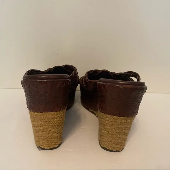 ASH SHOES WEDGE BROWN LEATHER WOVEN BRAID OPEN TOE TAN ROPE SOLES SIZE 38 7.5