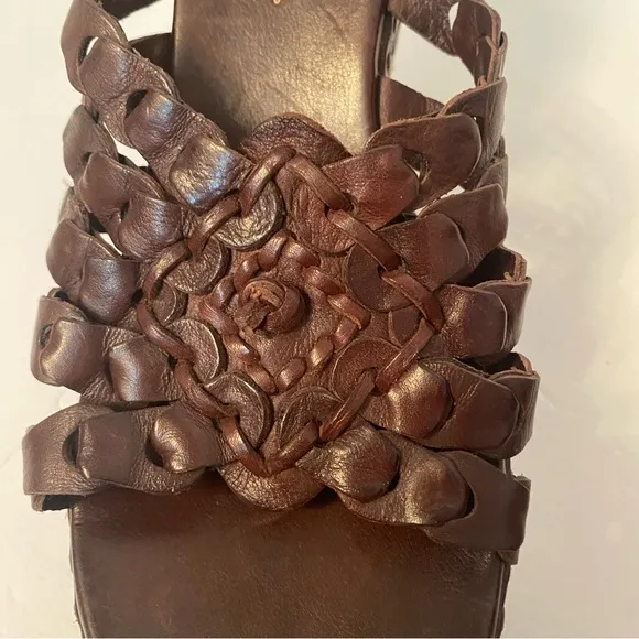 ASH SHOES WEDGE BROWN LEATHER WOVEN BRAID OPEN TOE TAN ROPE SOLES SIZE 38 7.5