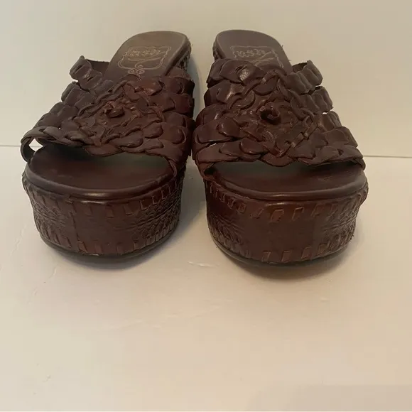 ASH SHOES WEDGE BROWN LEATHER WOVEN BRAID OPEN TOE TAN ROPE SOLES SIZE 38 7.5