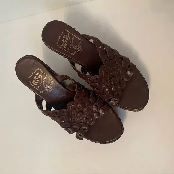 ASH SHOES WEDGE BROWN LEATHER WOVEN BRAID OPEN TOE TAN ROPE SOLES SIZE 38 7.5