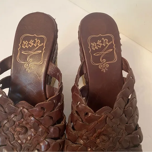 ASH SHOES WEDGE BROWN LEATHER WOVEN BRAID OPEN TOE TAN ROPE SOLES SIZE 38 7.5