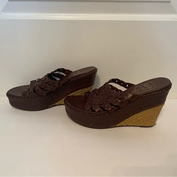 ASH SHOES WEDGE BROWN LEATHER WOVEN BRAID OPEN TOE TAN ROPE SOLES SIZE 38 7.5