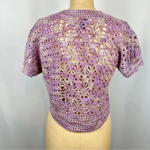 Augden 100% Alpaca Purple Pink Handmade Crochet Knit Crop Short Sleeve Sweater