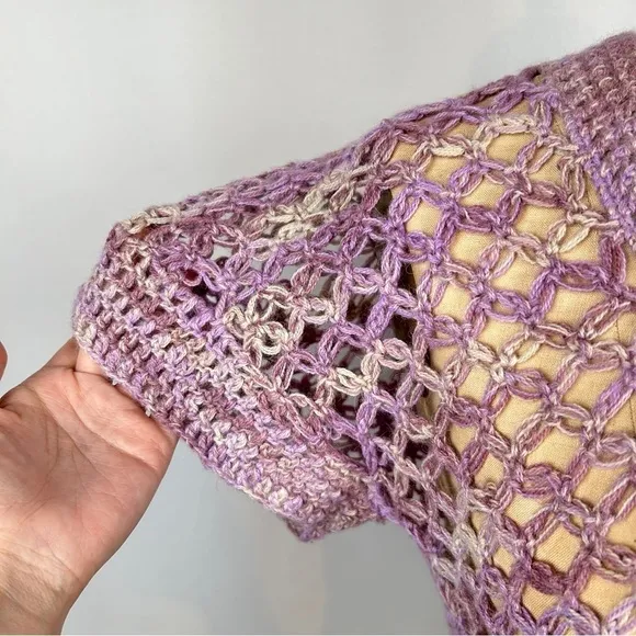 Augden 100% Alpaca Purple Pink Handmade Crochet Knit Crop Short Sleeve Sweater