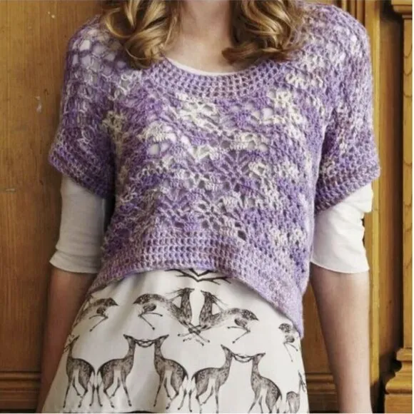 Augden 100% Alpaca Purple Pink Handmade Crochet Knit Crop Short Sleeve Sweater