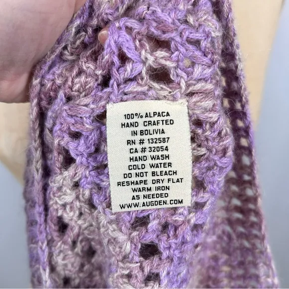 Augden 100% Alpaca Purple Pink Handmade Crochet Knit Crop Short Sleeve Sweater