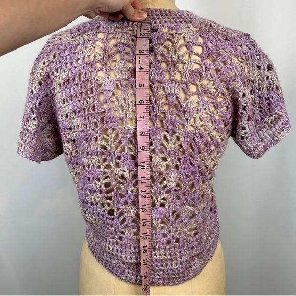 Augden 100% Alpaca Purple Pink Handmade Crochet Knit Crop Short Sleeve Sweater