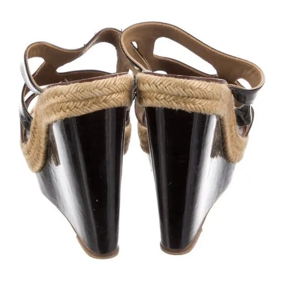 AUTH Christian Louboutin Jute Wedge Sole Black Strappy Patent Leather IT 39/US 9