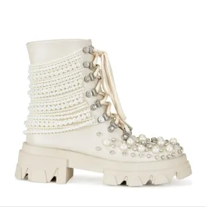 Azalea Wang, Twinkley Pearl Rhinestone Embellished Cream Lace-Up Ankle Boots 7.5