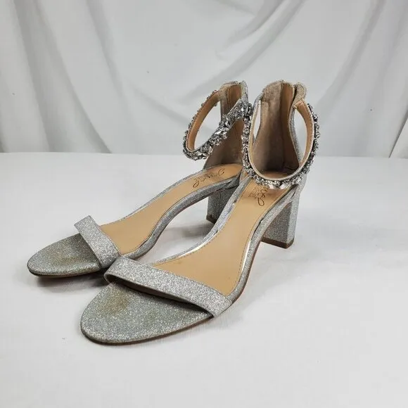 Badgley Mischka Women's Silver Ankle Strap Heels Catalina Open Toe Size 7.5