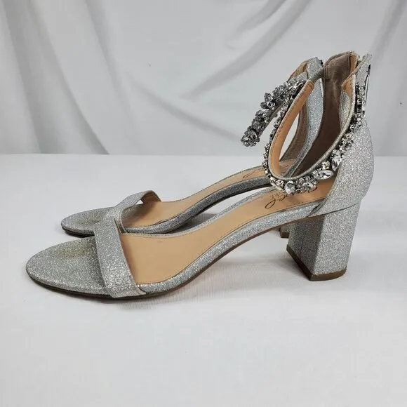 Badgley Mischka Women's Silver Ankle Strap Heels Catalina Open Toe Size 7.5