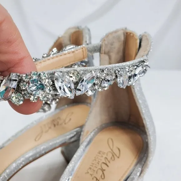 Badgley Mischka Women's Silver Ankle Strap Heels Catalina Open Toe Size 7.5