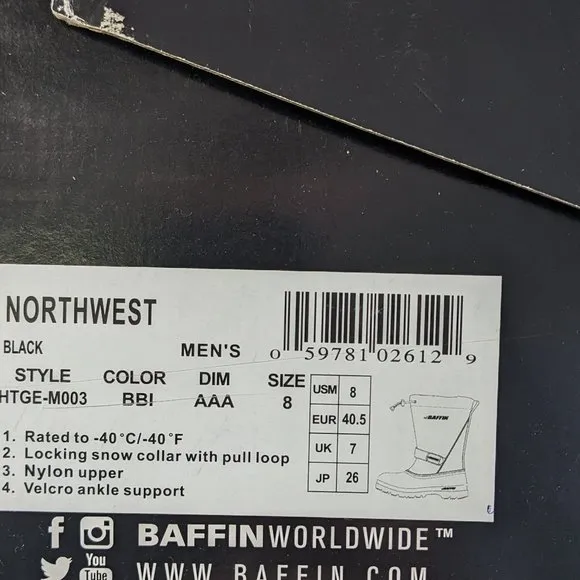 Baffin Northwest Insulated Snow Boots, Black, Men's 8 M