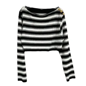 Balmain Black White Striped Button Cropped Sweater | Size M