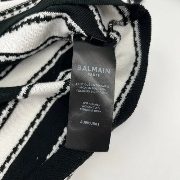 Balmain Black White Striped Button Cropped Sweater | Size M