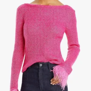 BCBGMAXAZRIA Women's Boat Neck Long Sleeve Feather Cuff Sweater Top