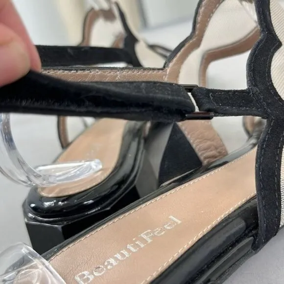 Beautifeel Glory Heel Scalloped Edge Mesh Patent Leather Sandals