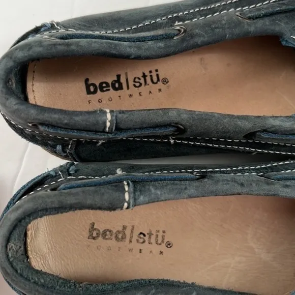 Bed Stu blue suede loafer perforated distressed leather boat slip on laced shoes