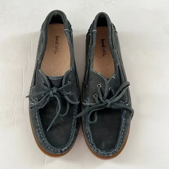 Bed Stu blue suede loafer perforated distressed leather boat slip on laced shoes