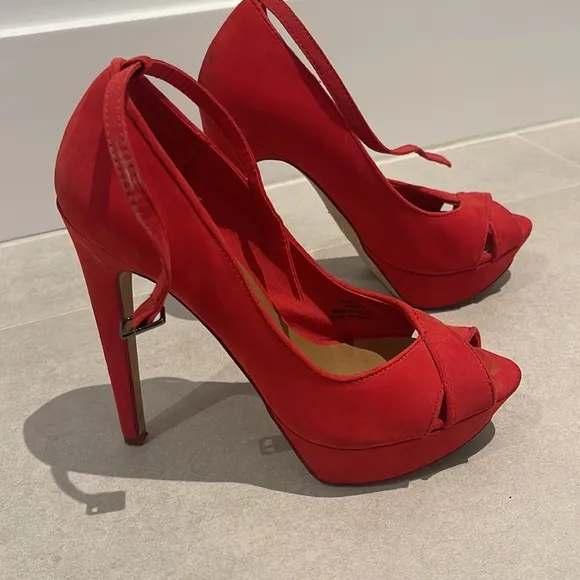Bershka women size 36 6 red open toe heel stilleto shoes suede type fabric