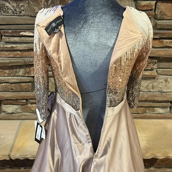 Betsy &amp; Adam Sequin and Satin Ball Gown in Mocha