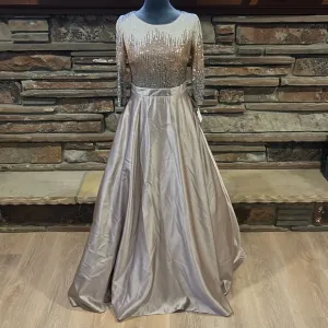 Betsy &amp; Adam Sequin and Satin Ball Gown in Mocha