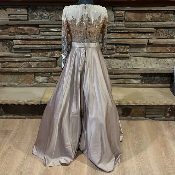 Betsy &amp; Adam Sequin and Satin Ball Gown in Mocha