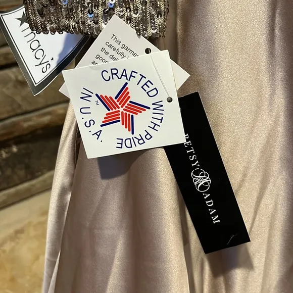 Betsy &amp; Adam Sequin and Satin Ball Gown in Mocha