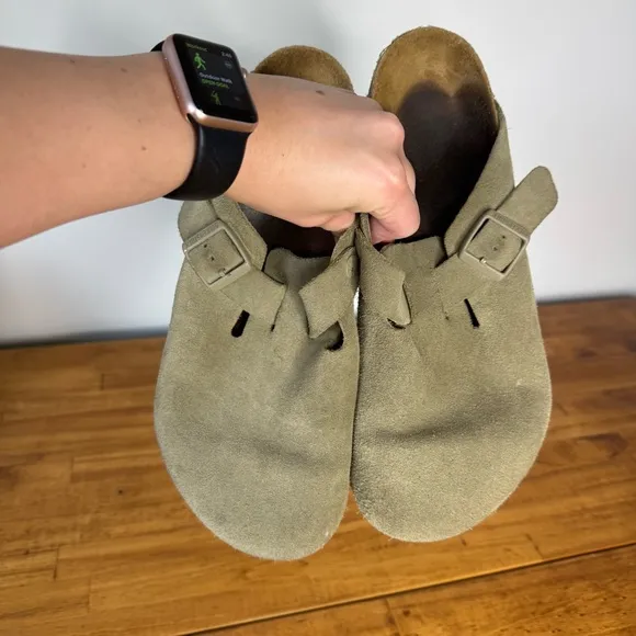 Birkenstock Boston Clog Sage Green Suede Leather Slip Ons Size 43