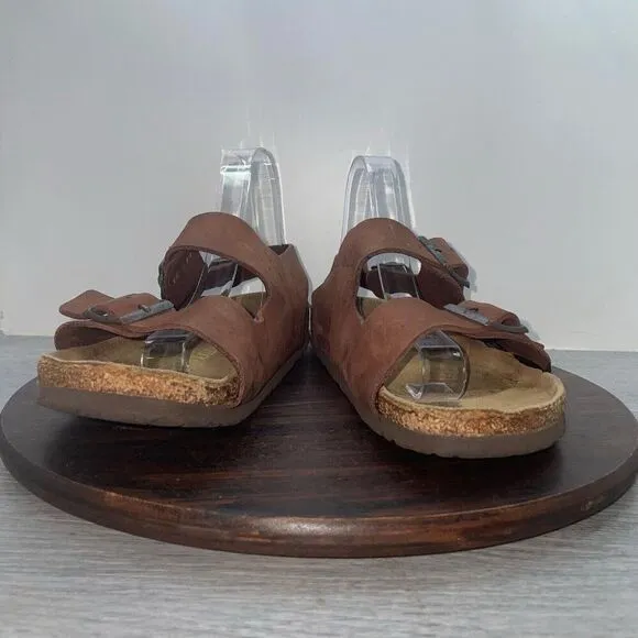 Birkenstock Milano Sandals Mens 8 Woms 10 Brown Leather Slide Strap Buckle Shoes