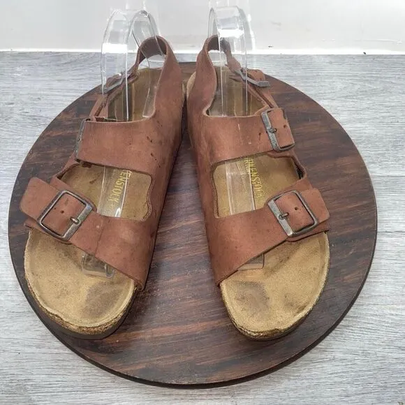 Birkenstock Milano Sandals Mens 8 Woms 10 Brown Leather Slide Strap Buckle Shoes