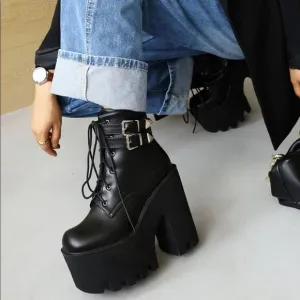 Black Lace Up Double Buckle Straps Chunky Heel Platform Boots NEW