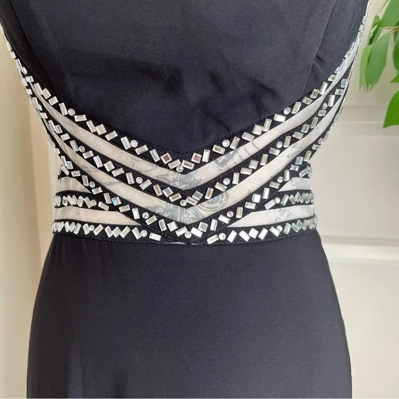 Blondie Nites Open Back Illusion Beaded Waist Dress Black Sz 5