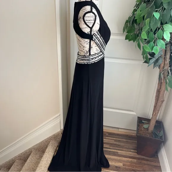 Blondie Nites Open Back Illusion Beaded Waist Dress Black Sz 5