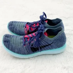Blue and Pink Nike Free Run Flyknit Tennis Running Shoes, size 6
