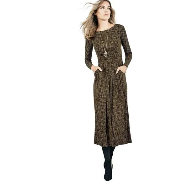 Boden Lucile Long Sleeve Jersey Maxi Dress Black Mustard Leaves Size 18L Pockets