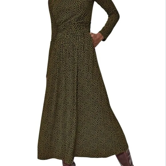 Boden Lucile Long Sleeve Jersey Maxi Dress Black Mustard Leaves Size 18L Pockets