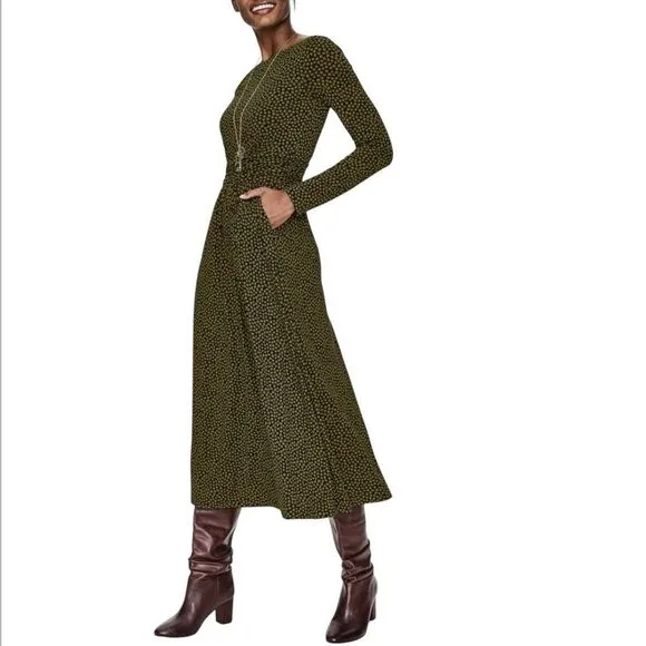 Boden Lucile Long Sleeve Jersey Maxi Dress Black Mustard Leaves Size 18L Pockets