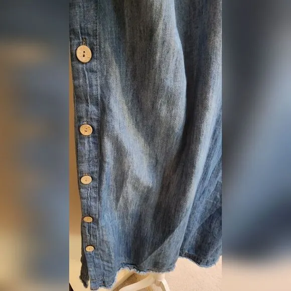 Boho Denim Tank Slip Dress with Button-up Sides and Raw High-Low Hem Size XL