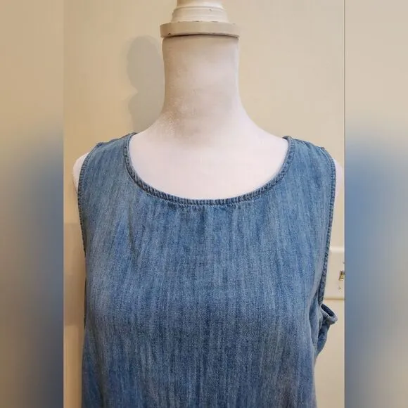 Boho Denim Tank Slip Dress with Button-up Sides and Raw High-Low Hem Size XL