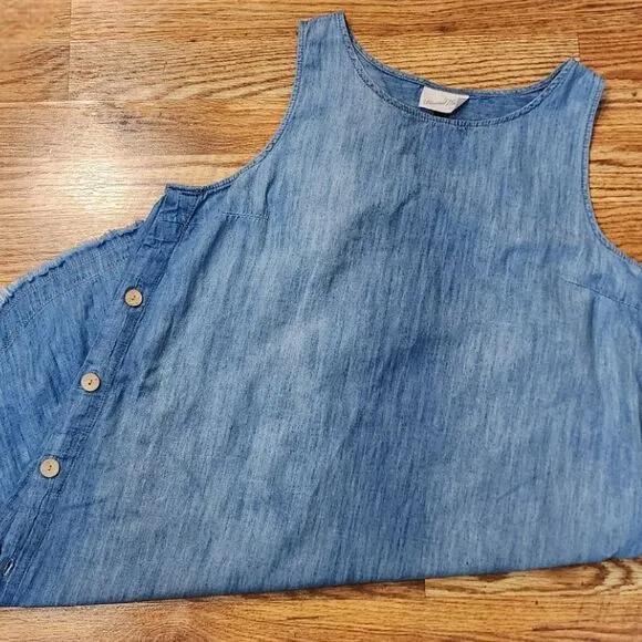 Boho Denim Tank Slip Dress with Button-up Sides and Raw High-Low Hem Size XL
