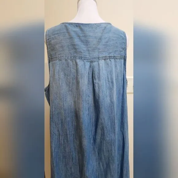 Boho Denim Tank Slip Dress with Button-up Sides and Raw High-Low Hem Size XL