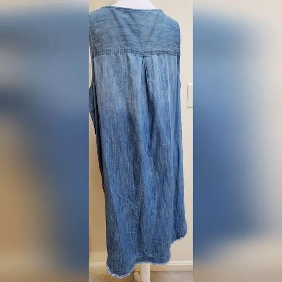 Boho Denim Tank Slip Dress with Button-up Sides and Raw High-Low Hem Size XL