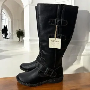 Born Black Faux Leather Wide Calf Tall Knee High Biker Riding Boots NWT Size 6