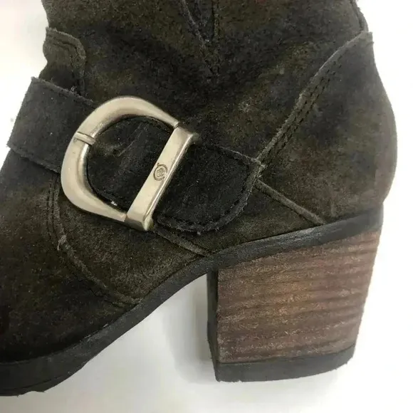 Born Dark Brown Suede Buckled Distressed Booties Women's Size 6.5