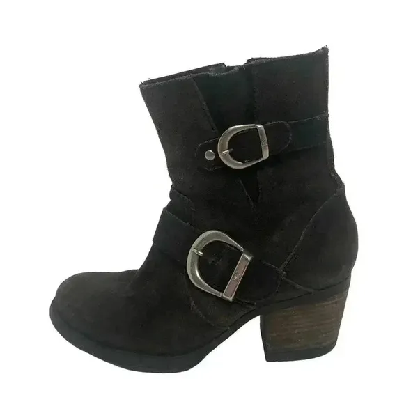 Born Dark Brown Suede Buckled Distressed Booties Women's Size 6.5