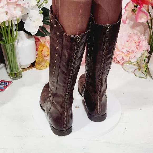 BORN: Tall Brown Leather Gunmetal Gold Studded Detail Boots Size 7.5