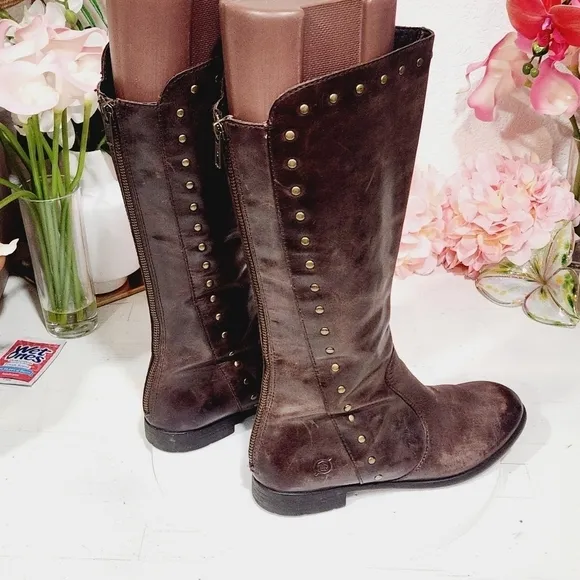 BORN: Tall Brown Leather Gunmetal Gold Studded Detail Boots Size 7.5