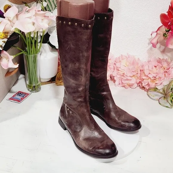 BORN: Tall Brown Leather Gunmetal Gold Studded Detail Boots Size 7.5