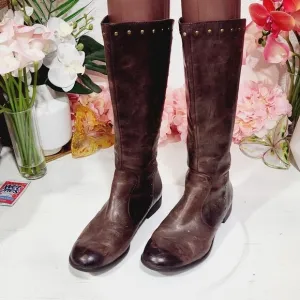BORN: Tall Brown Leather Gunmetal Gold Studded Detail Boots Size 7.5